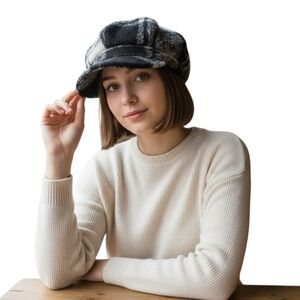 Le Chateau Cabbie Newsboy Cap Hat Black White Plaid Fuzzy Furry Lined Preppy